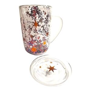 New DavidsTea Nordic Festive Christmas Glass Mug with Lid Accents Star Confetti